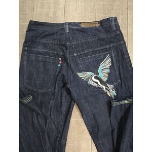 Live Mechanics Jeans Mens 38 Dark Wash Graphic Bird Embroidered Denim Streetwear